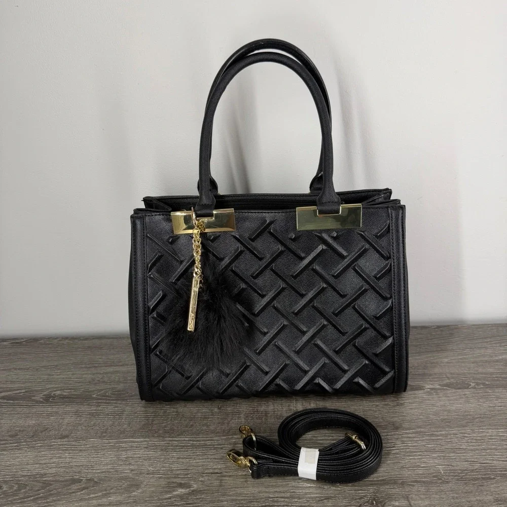 Aldo Black Embossed Geometric Satchel Handbag Gold Hardware Crossbody Bag Medium